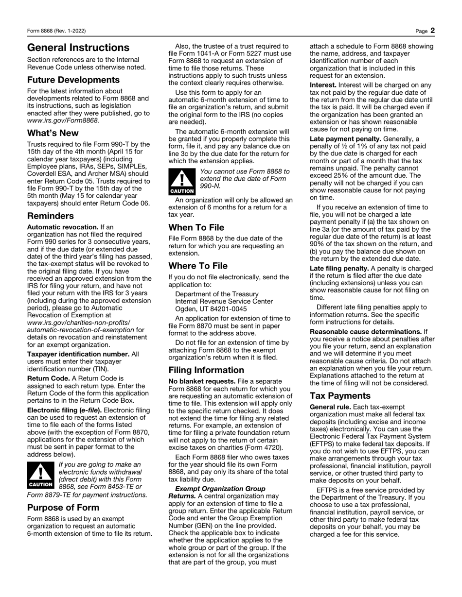 IRS Form 8868 Application for Extension of Time to File an Exempt Organization Return, Page 2