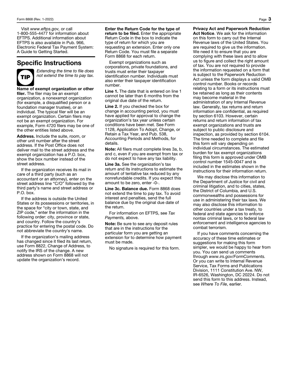 IRS Form 8868 Application for Extension of Time to File an Exempt Organization Return, Page 3
