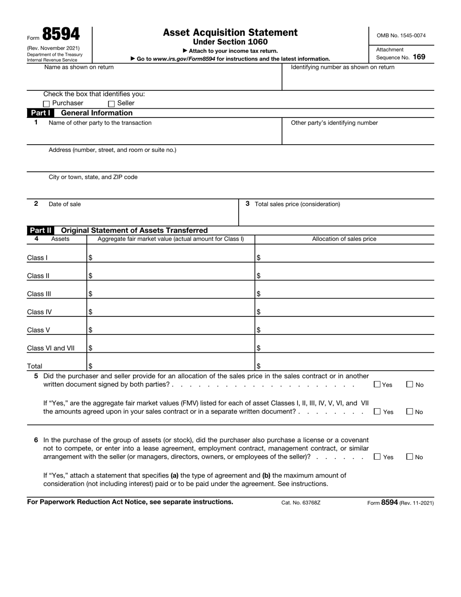 IRS Form 8594 Asset Acquisition Statement Under Section 1060, Page 1