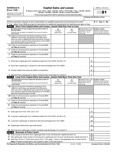 IRS Form 1120 Schedule D 2021 Printable Pdf