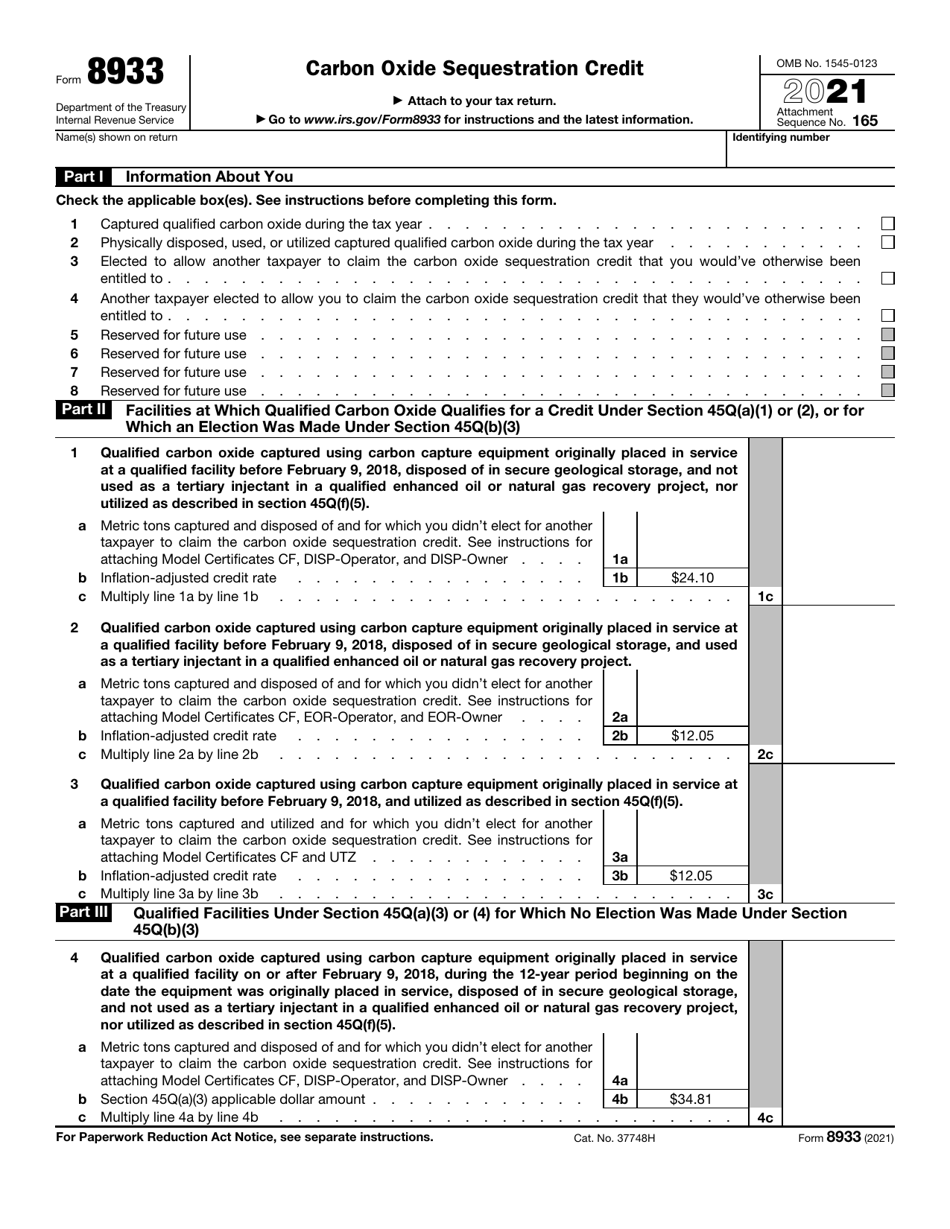 IRS Form 8933 Carbon Oxide Sequestration Credit, Page 1