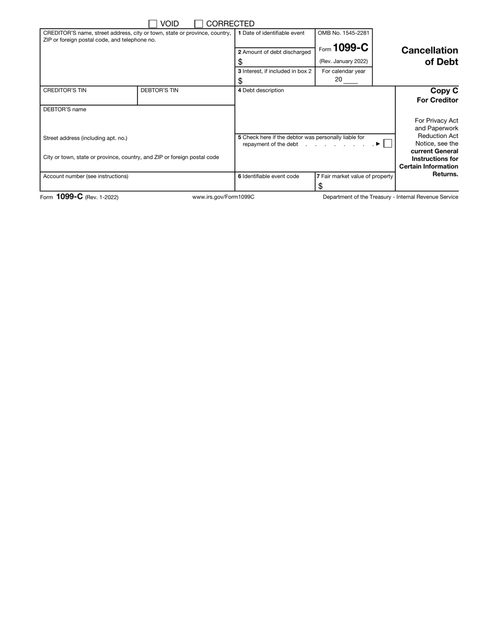 Irs Form 1099 C Download Fillable Pdf Or Fill Online Cancellation Of Debt Templateroller