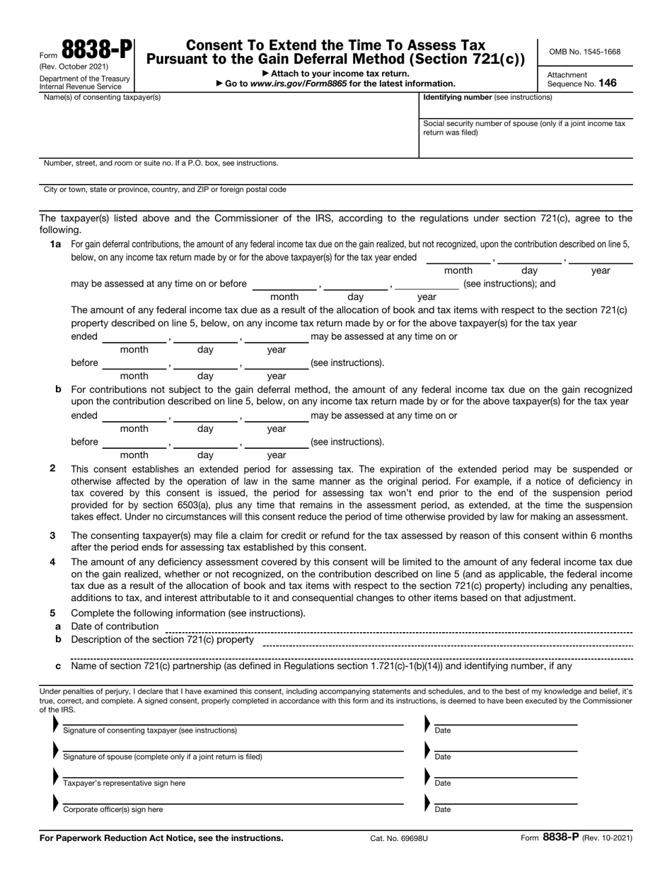 IRS Form 8838-P Consent to Extend the Time to Assess Tax Pursuant to the Gain Deferral Method (Section 721(C)), Page 1