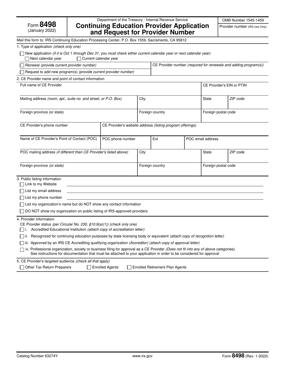 IRS Form 8498 Continuing Education Provider Application and Request for Provider Number, Page 1