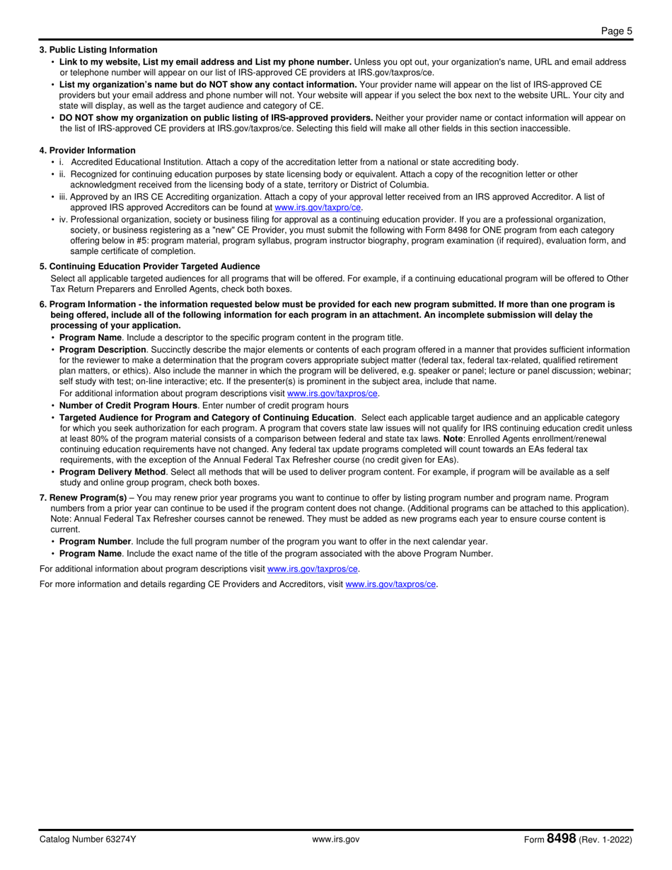 IRS Form 8498 Continuing Education Provider Application and Request for Provider Number, Page 5