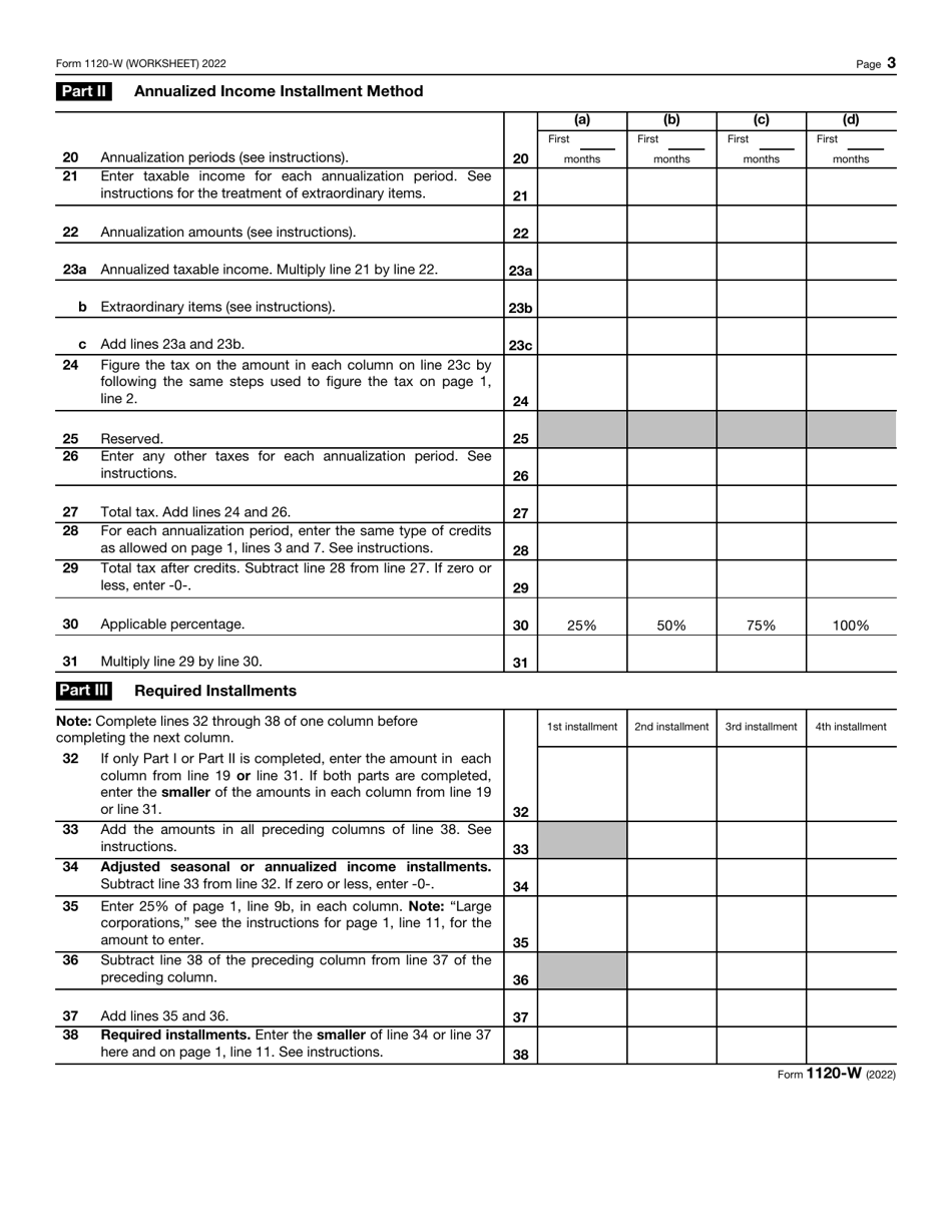 Irs Form 1120 W Download Fillable Pdf Or Fill Online Estimated Tax For Corporations 2022 2018 