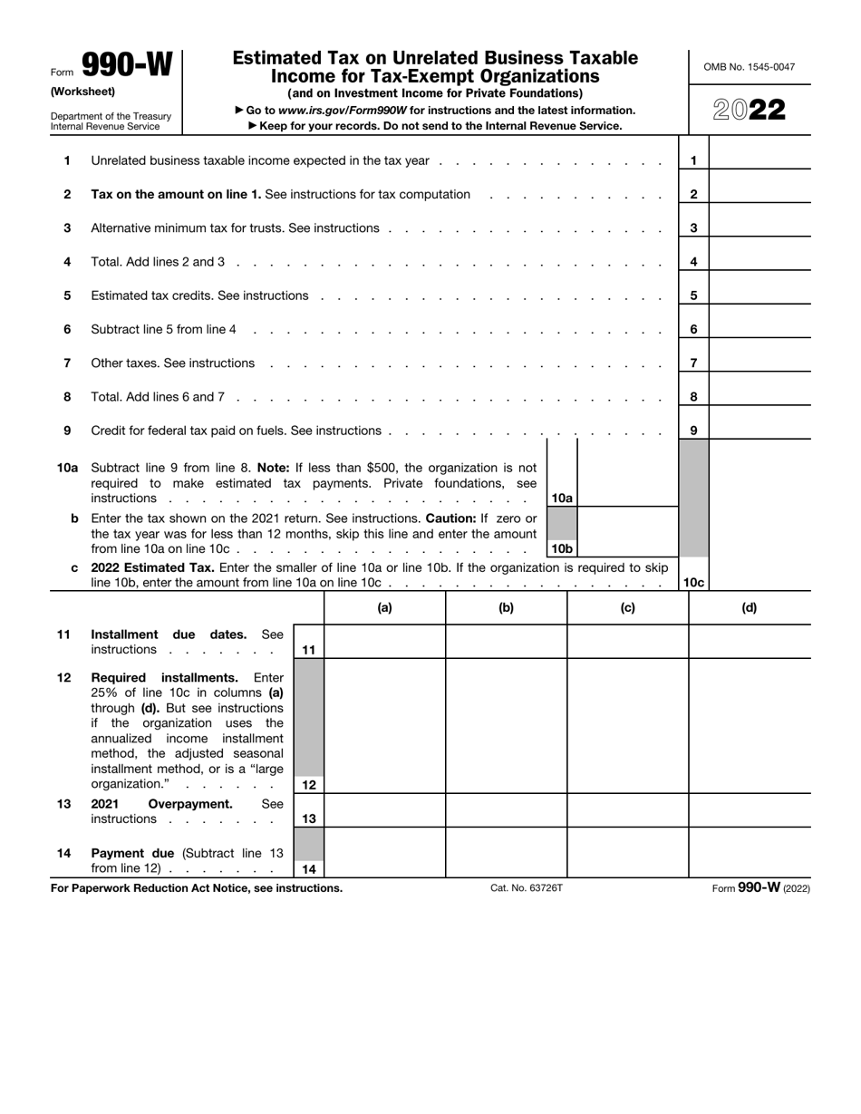 IRS Form 990-W Estimated Tax on Unrelated Business Taxable Income for Tax-Exempt Organizations (And on Investment Income for Private Foundations), Page 1