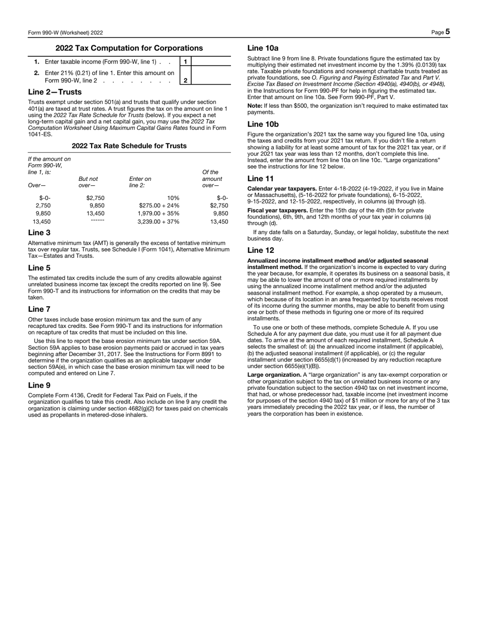 IRS Form 990-W Estimated Tax on Unrelated Business Taxable Income for Tax-Exempt Organizations (And on Investment Income for Private Foundations), Page 5