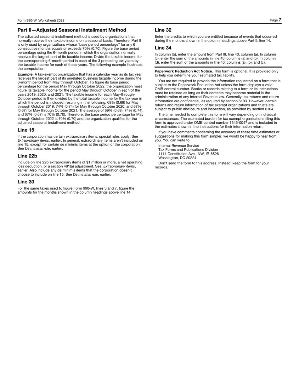 IRS Form 990-W Estimated Tax on Unrelated Business Taxable Income for Tax-Exempt Organizations (And on Investment Income for Private Foundations), Page 7