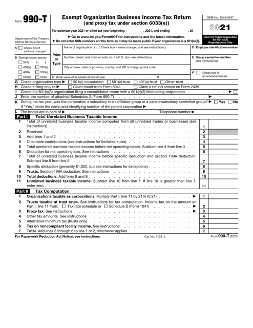 IRS Form 990-T 2021 Printable Pdf
