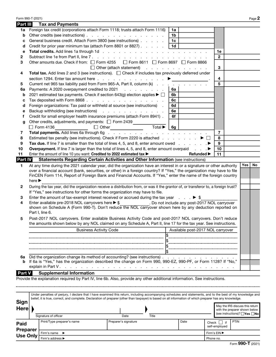 IRS Form 990-T Exempt Organization Business Income Tax Return (And Proxy Tax Under Section 6033(E)), Page 2