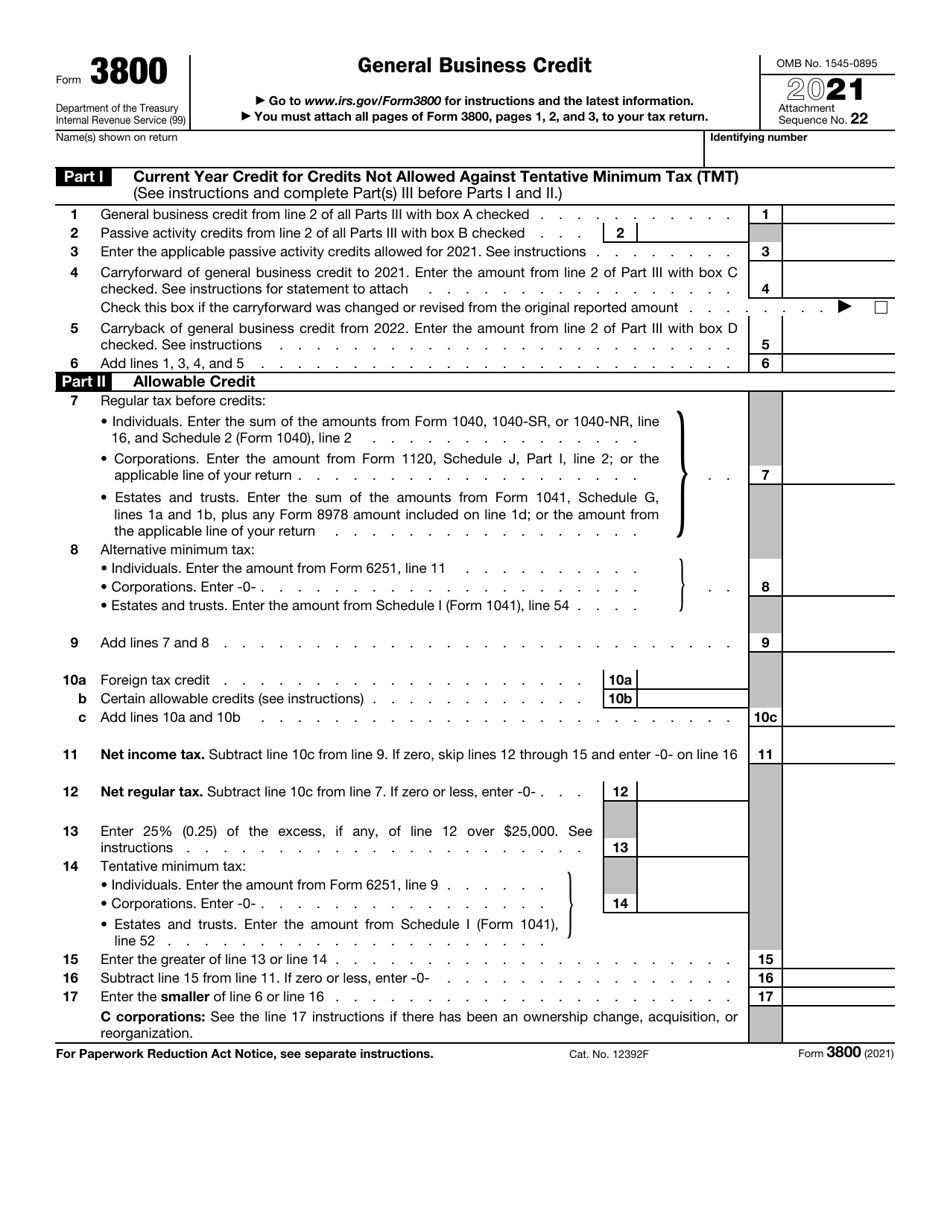 IRS Form 3800 General Business Credit, Page 1