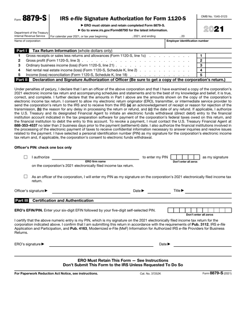IRS Form 8879-S IRS E-File Signature Authorization for Form 1120s, 2021
