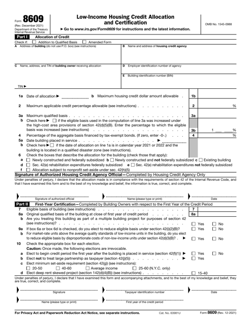 IRS Form 8609 Low-Income Housing Credit Allocation and Certification