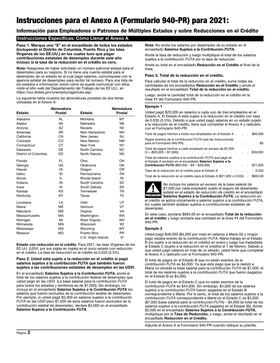 IRS Formulario 940-PR Anexo A Informacion Para Empleadores O Patronos De Multiples Estados Y Sobre Reducciones En El Credito (Puerto Rican Spanish), Page 2