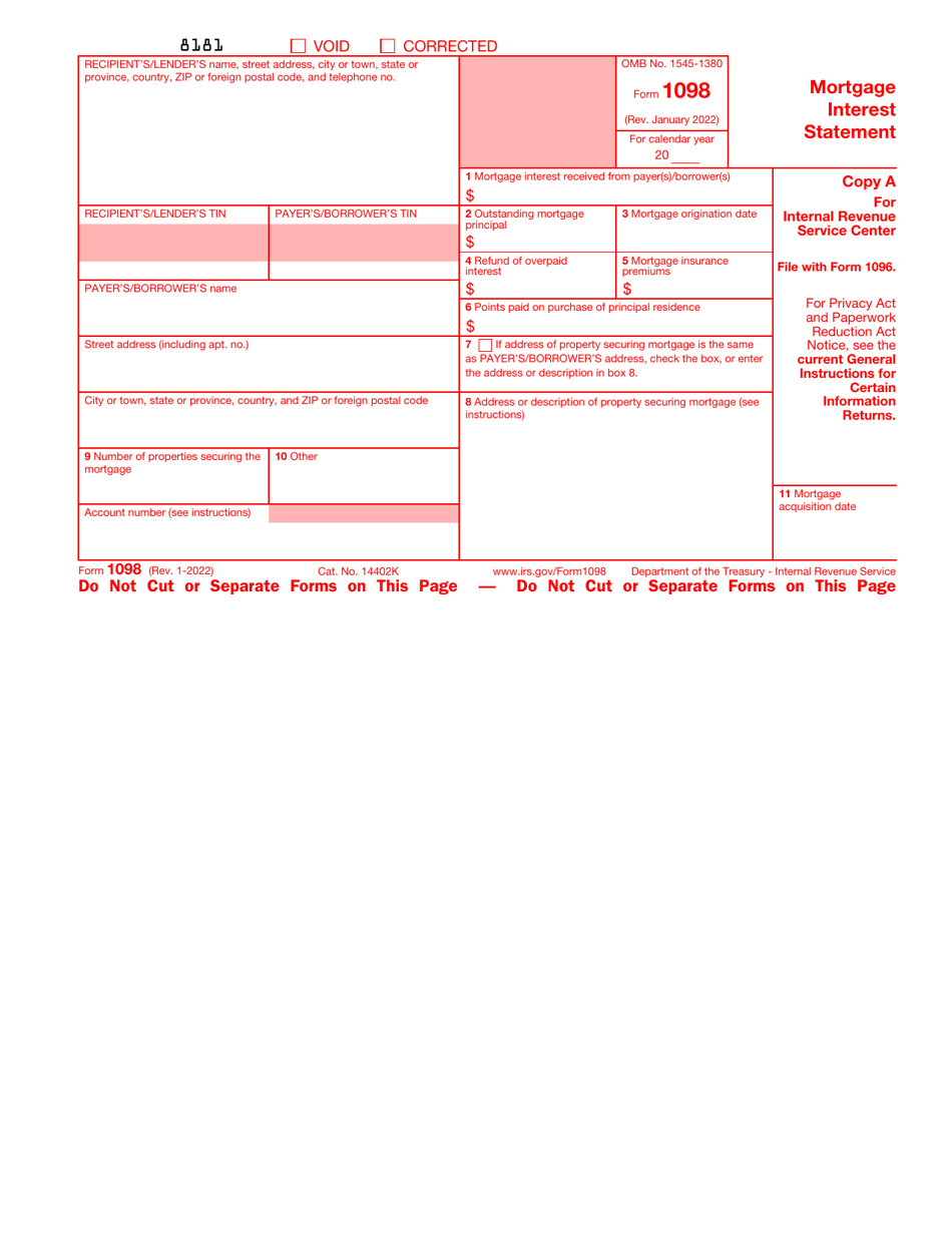 IRS Form 1098 Download Fillable PDF or Fill Online Mortgage Interest ...