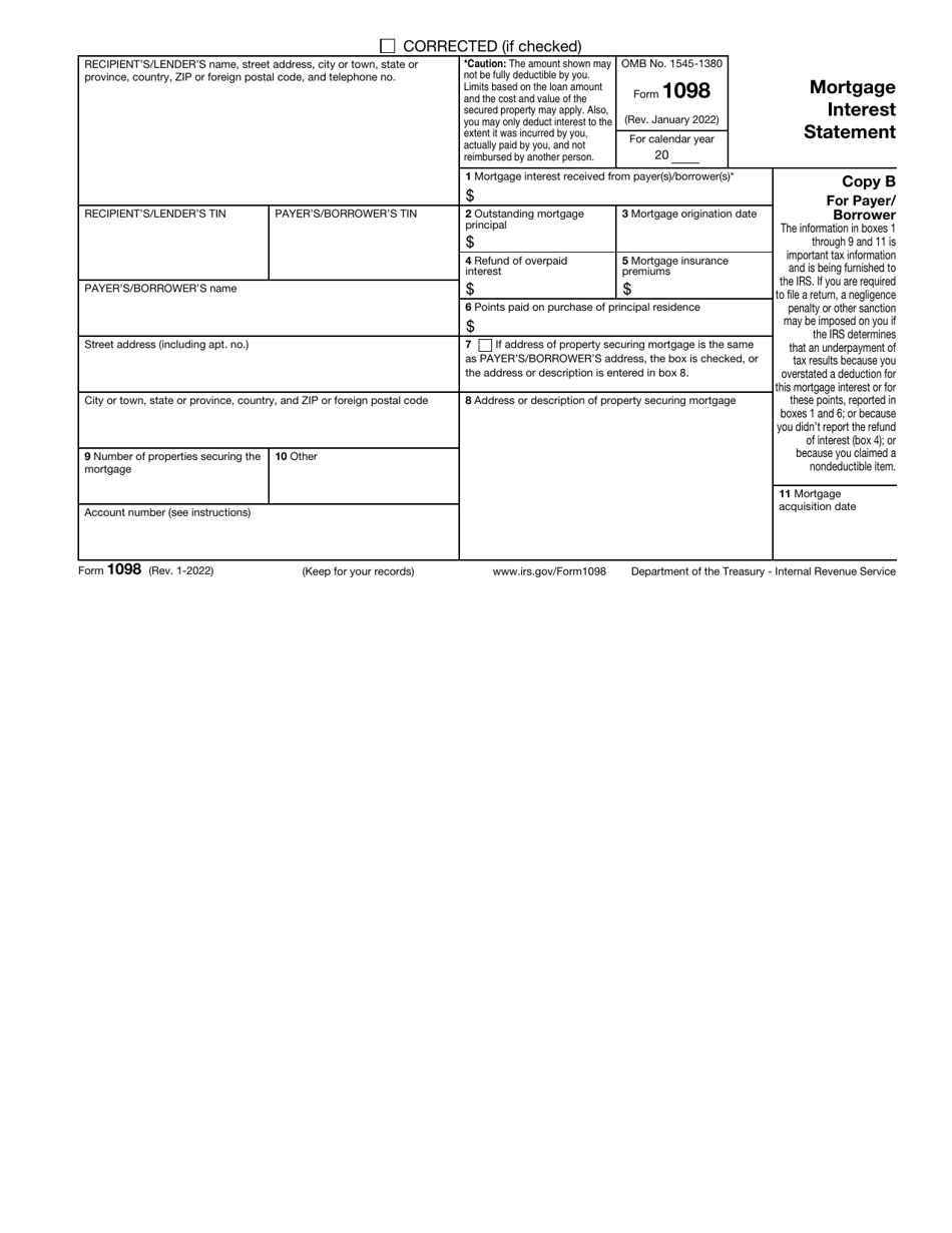 IRS Form 1098 Download Fillable PDF or Fill Online Mortgage Interest