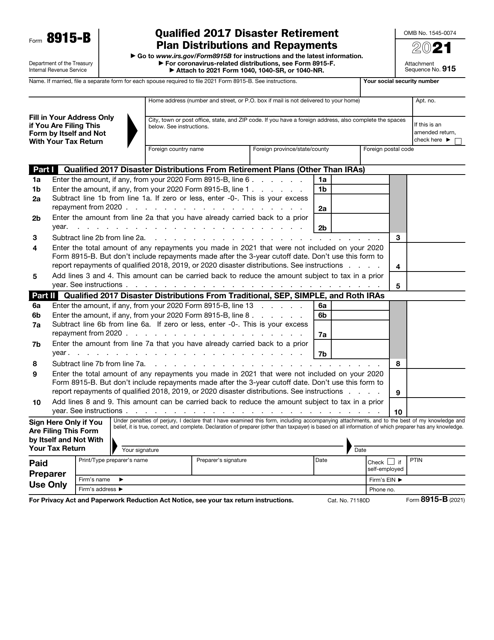 IRS Form 8915-B Qualified 2017 Disaster Retirement Plan Distributions and Repayments, 2021