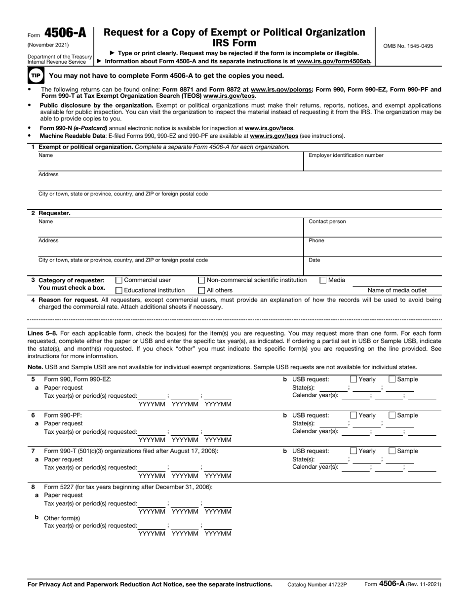 IRS Form 4506-A Request for Public Inspection or Copy of Exempt or Political Organization IRS Form, Page 1