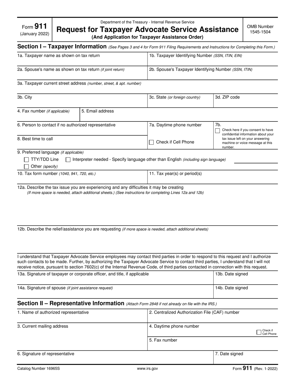 IRS Form 911 Request for Taxpayer Advocate Service Assistance (And Application for Taxpayer Assistance Order), Page 1