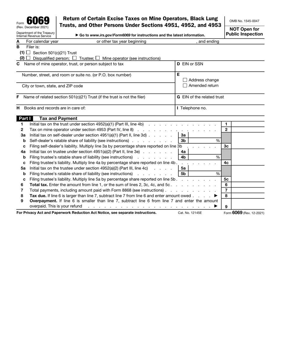 IRS Form 6069 Return of Excise Tax on Excess Contributions to Black Lung Benefit Trust Under Section 4953 and Computation of Section 192 Deduction, Page 1