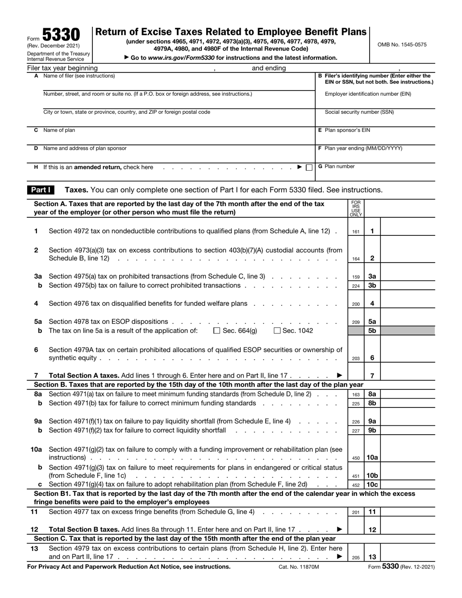 IRS Form 5330 Return of Excise Taxes Related to Employee Benefit Plans, Page 1