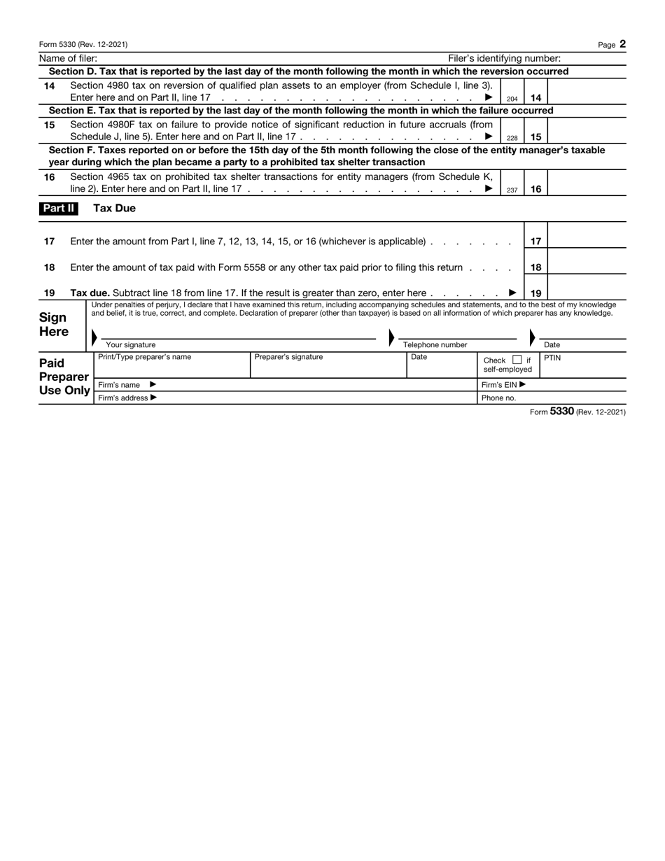 IRS Form 5330 Return of Excise Taxes Related to Employee Benefit Plans, Page 2
