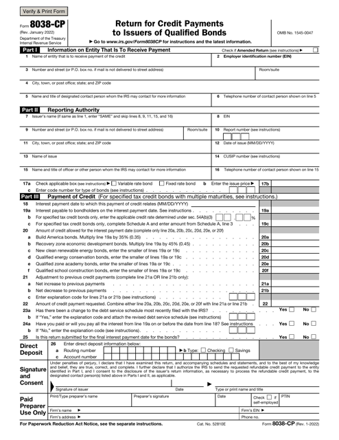 IRS Form 8038-CP Return for Credit Payments to Issuers of Qualified Bonds