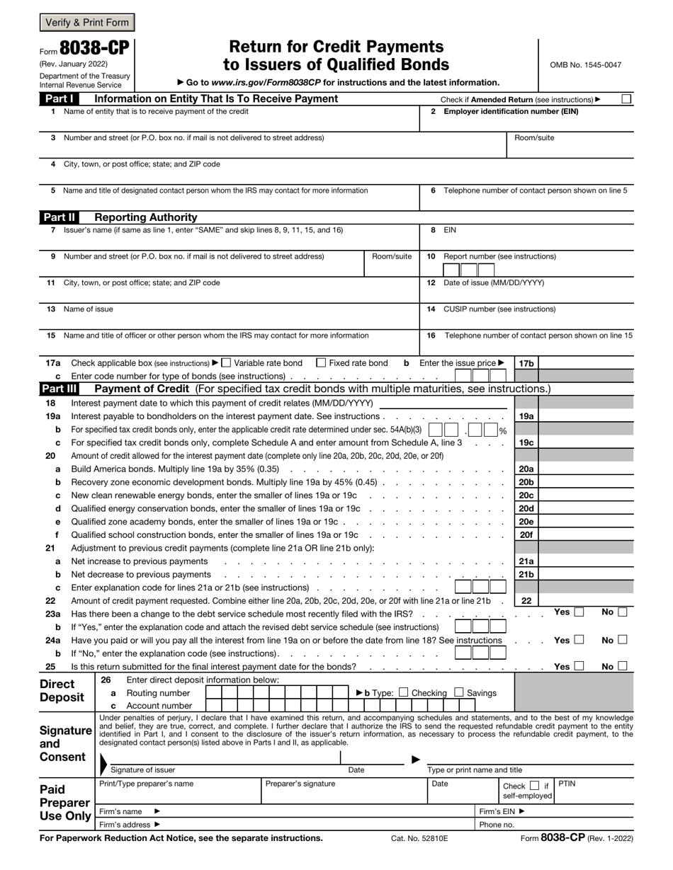 IRS Form 8038-CP Return for Credit Payments to Issuers of Qualified Bonds, Page 1