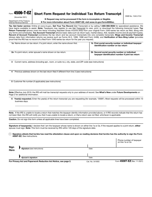 IRS Form 4506-T-EZ  Printable Pdf