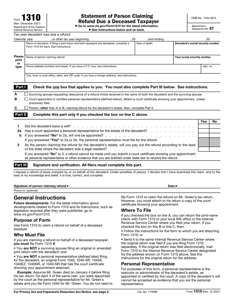 Irs Form 1310 Download Fillable Pdf Or Fill Online Statement Of Person Claiming Refund Due A 0121