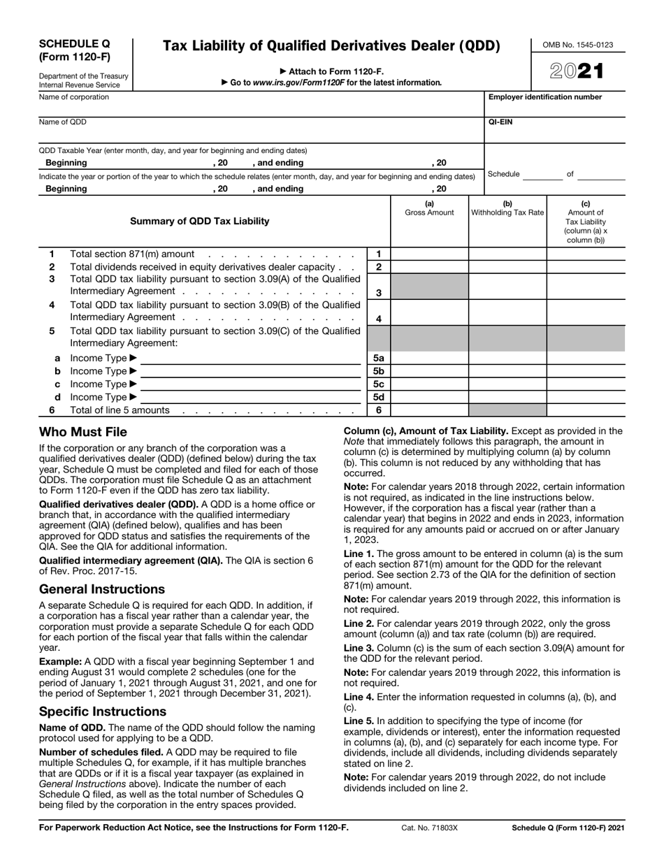 IRS Form 1120-F Schedule Q Tax Liability of Qualified Derivatives Dealer (Qdd), Page 1