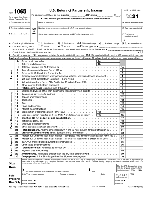 IRS Form 1065 2021 Printable Pdf