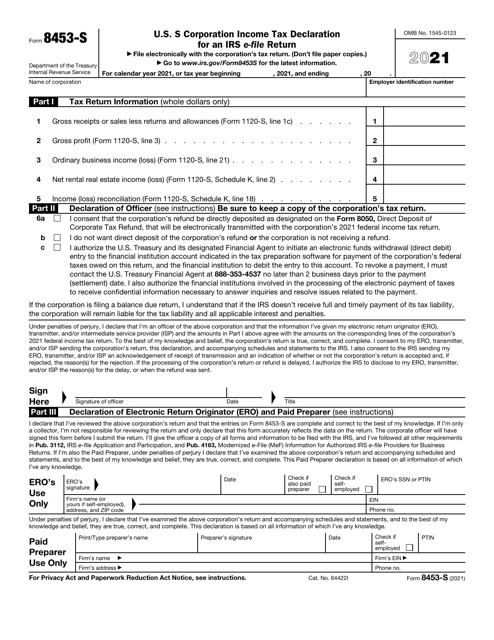 IRS Form 8453-S U.S. S Corporation Income Tax Declaration for an IRS E-File Return, 2021