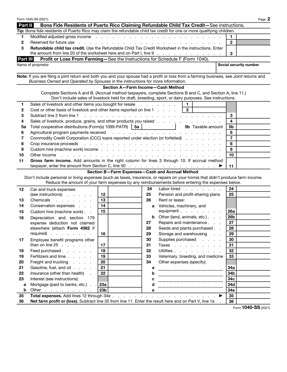 IRS Form 1040-SS U.S. Self-employment Tax Return (Including the Additional Child Tax Credit for Bona Fide Residents of Puerto Rico), Page 2