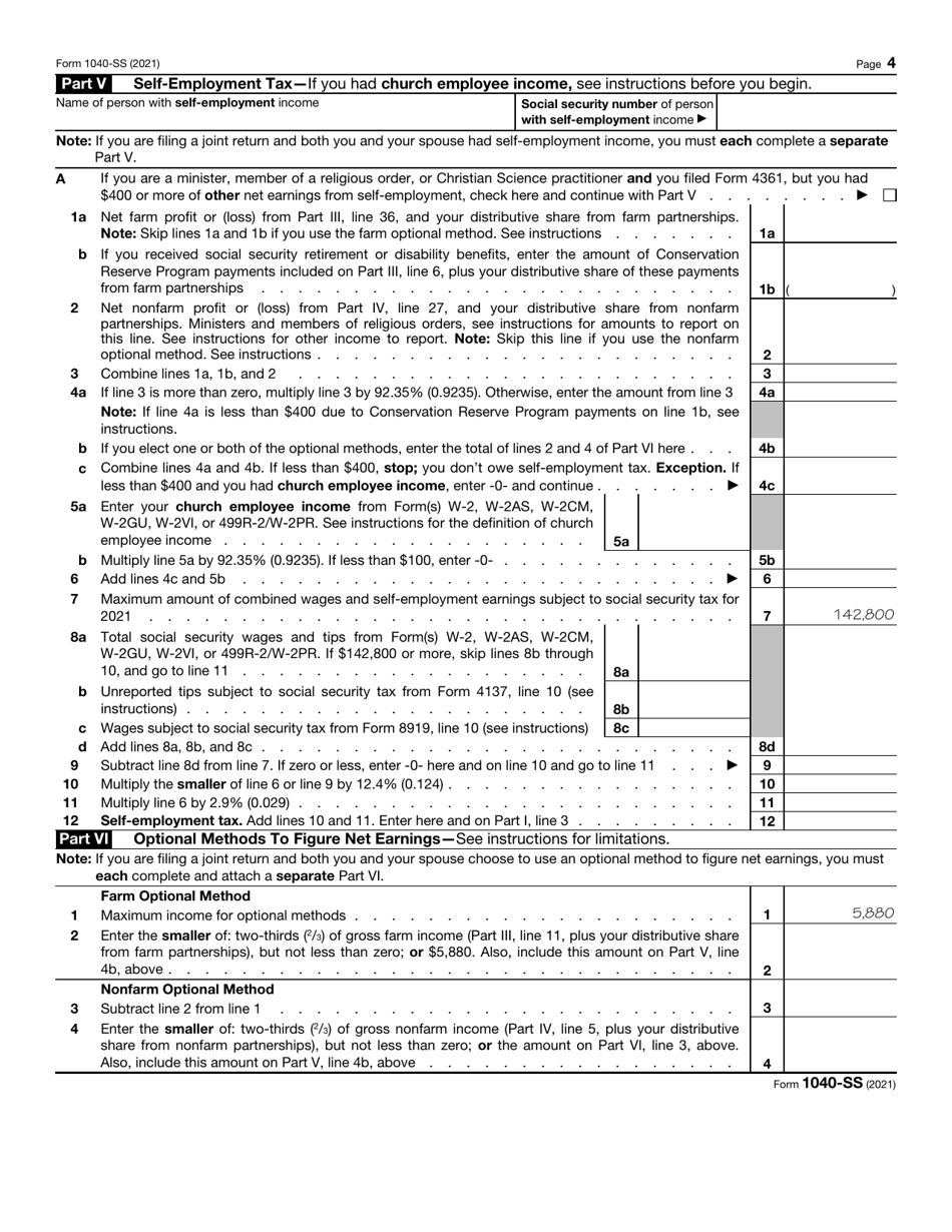 IRS Form 1040-SS U.S. Self-employment Tax Return (Including the Additional Child Tax Credit for Bona Fide Residents of Puerto Rico), Page 4