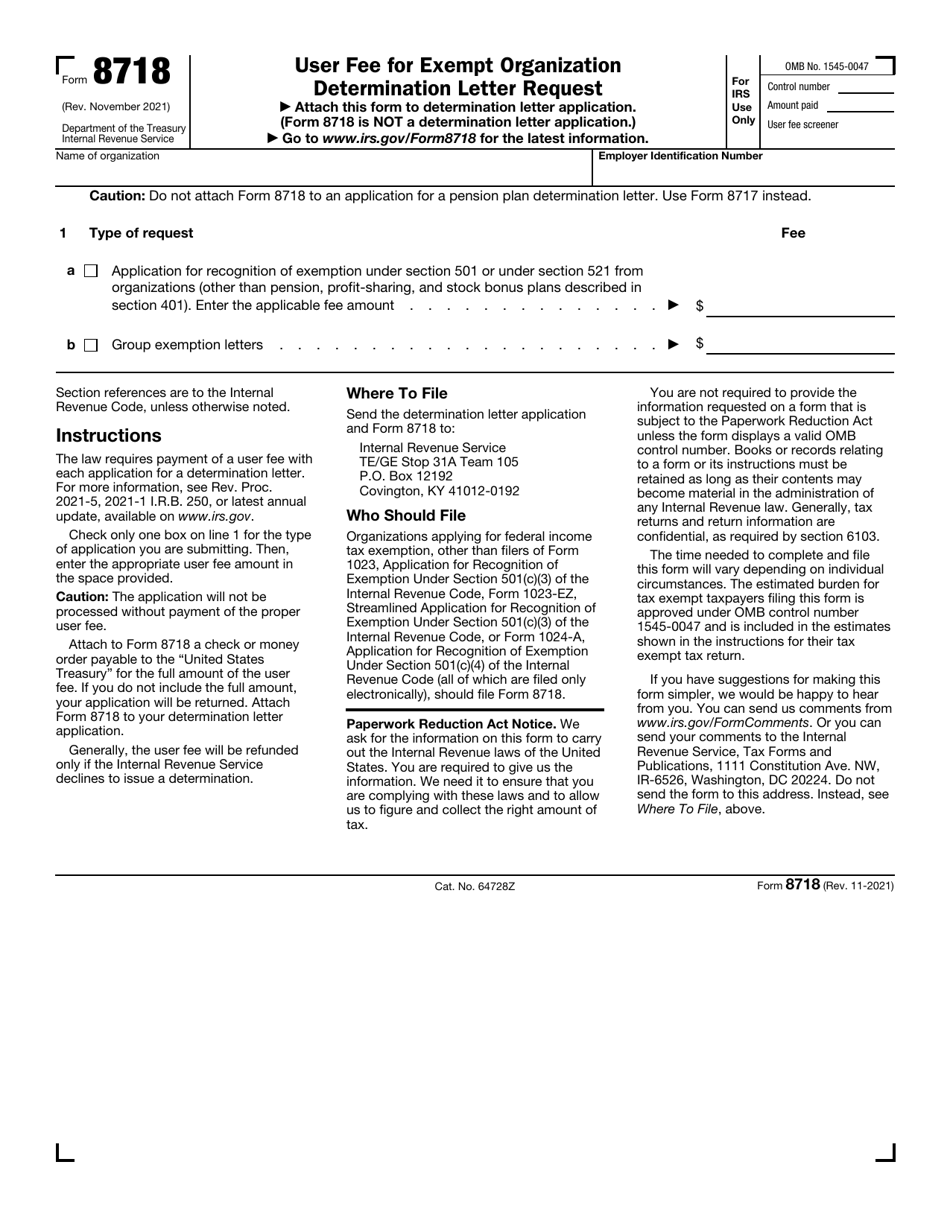 IRS Form 8718 User Fee for Exempt Organization Determination Letter Request, Page 1