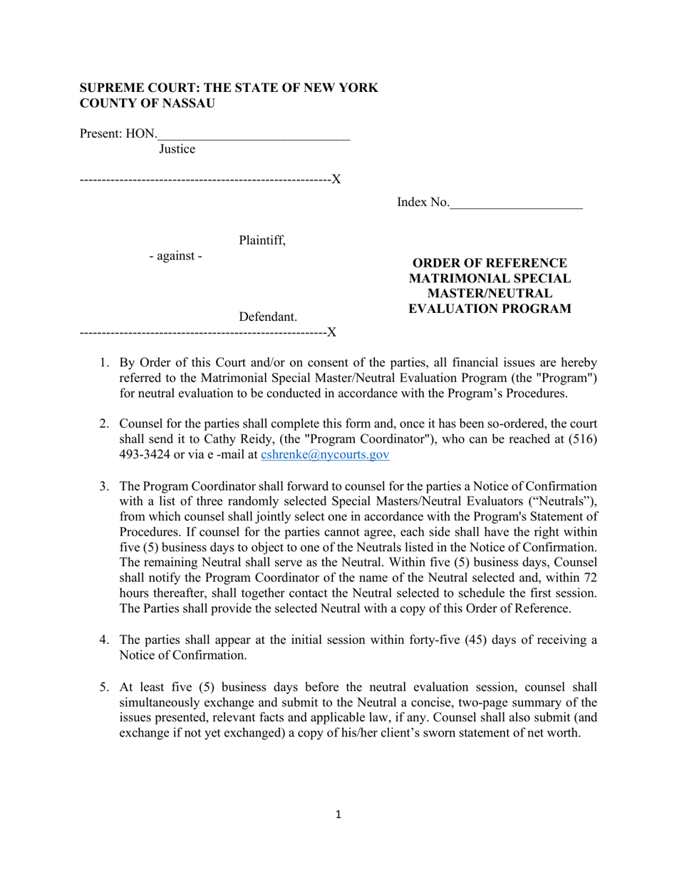 Order of Reference - Matrimonial Special Master / Neutral Evaluation Program - Nassau County, New York, Page 1