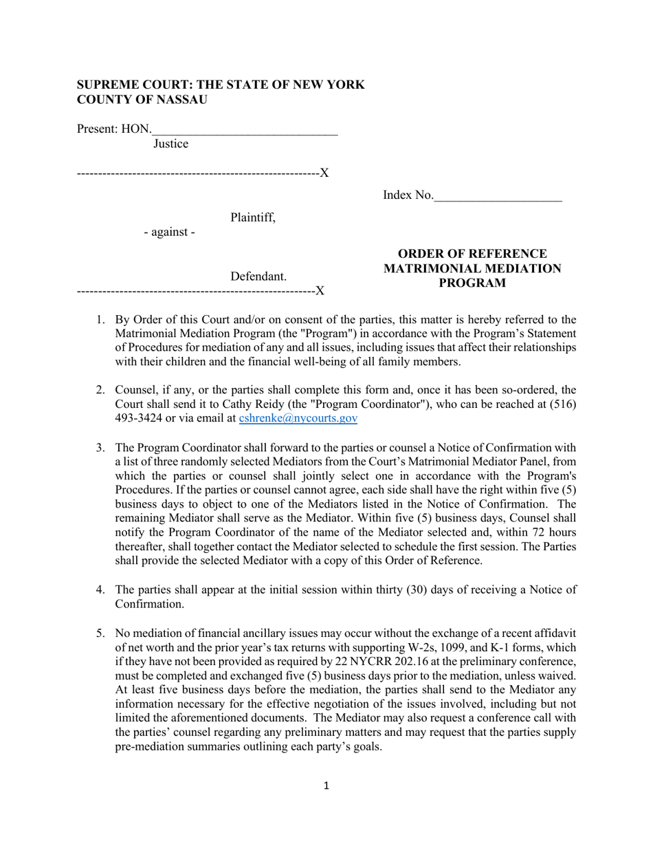 Order of Reference - Matrimonial Mediation Program - Nassau County, New York, Page 1