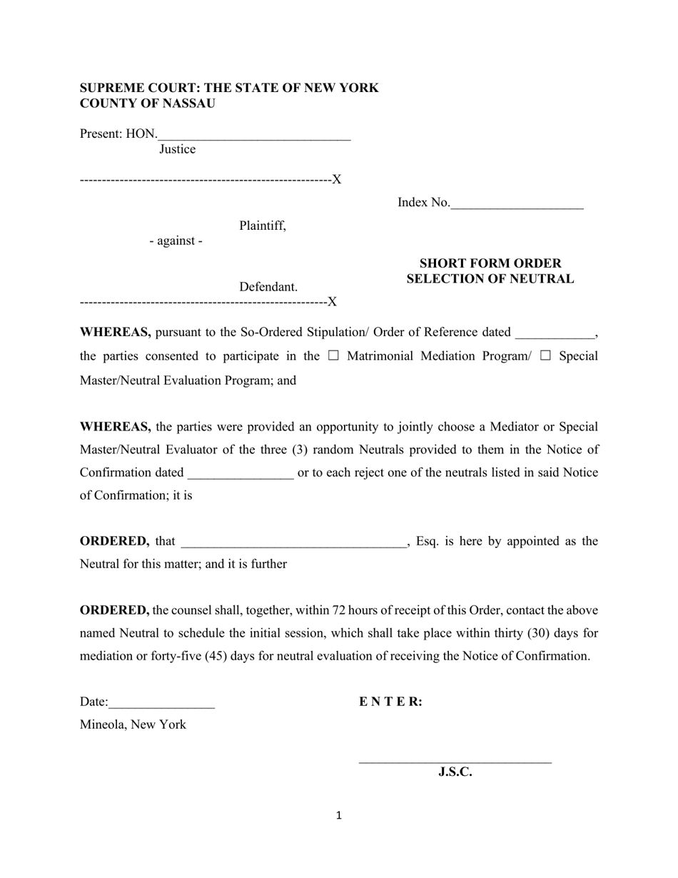 Short Form Order Selection of Neutral - Nassau County, New York, Page 1