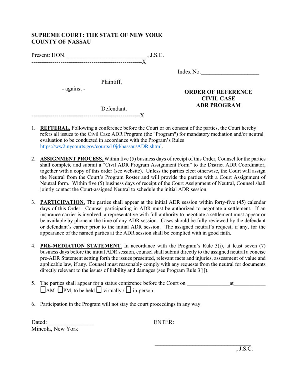Order of Reference - Civil Case Adr Program - Nassau County, New York, Page 1