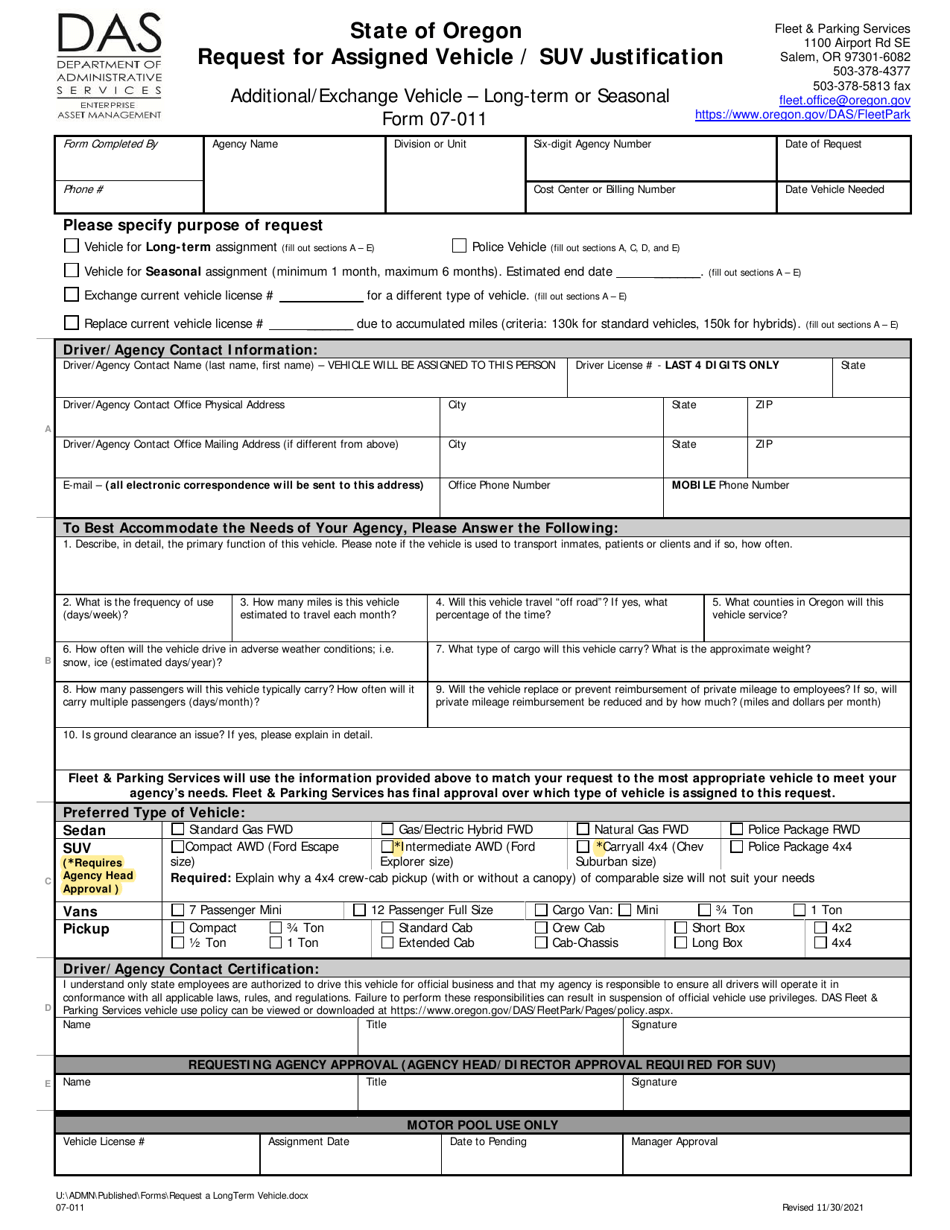 Form 07-011 Request for Assigned Vehicle / Suv Justification - Additional / Exchange Vehicle - Long-Term or Seasonal - Oregon, Page 1