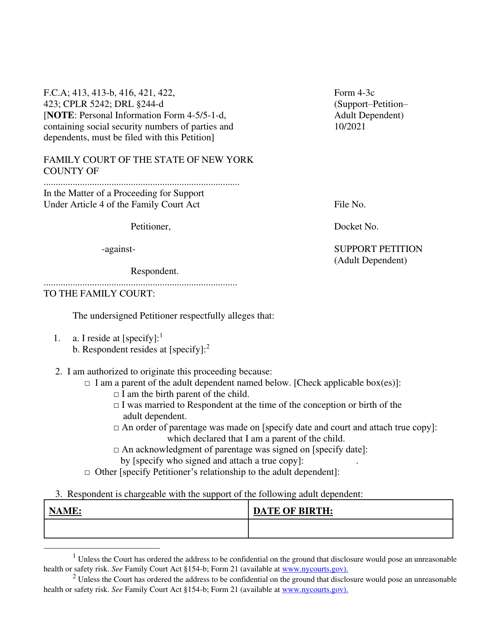 Form 4-3C Support Petition (Adult Dependent) - New York