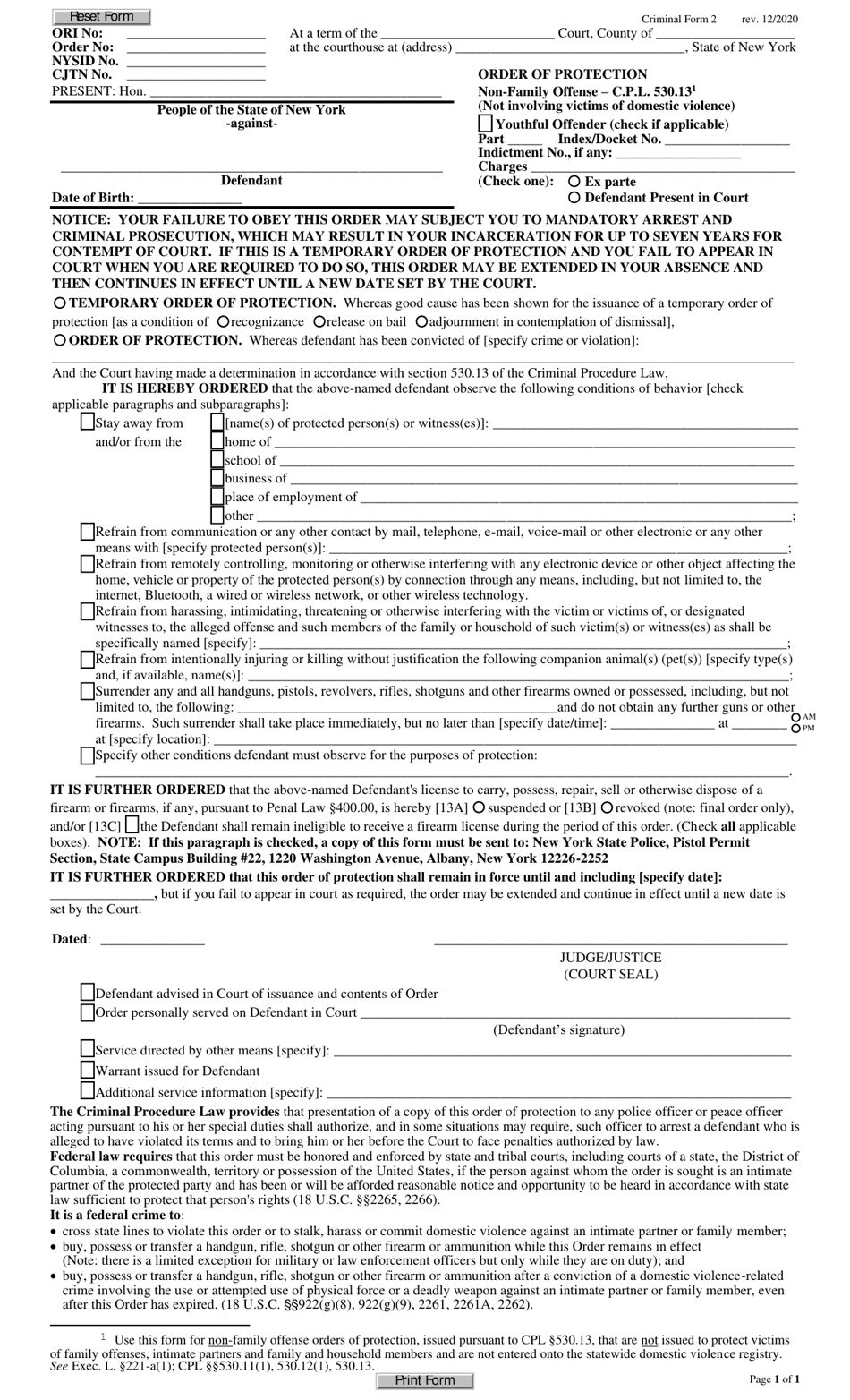 Criminal Form 2 Order of Protection - Non-family Offense - New York, Page 1