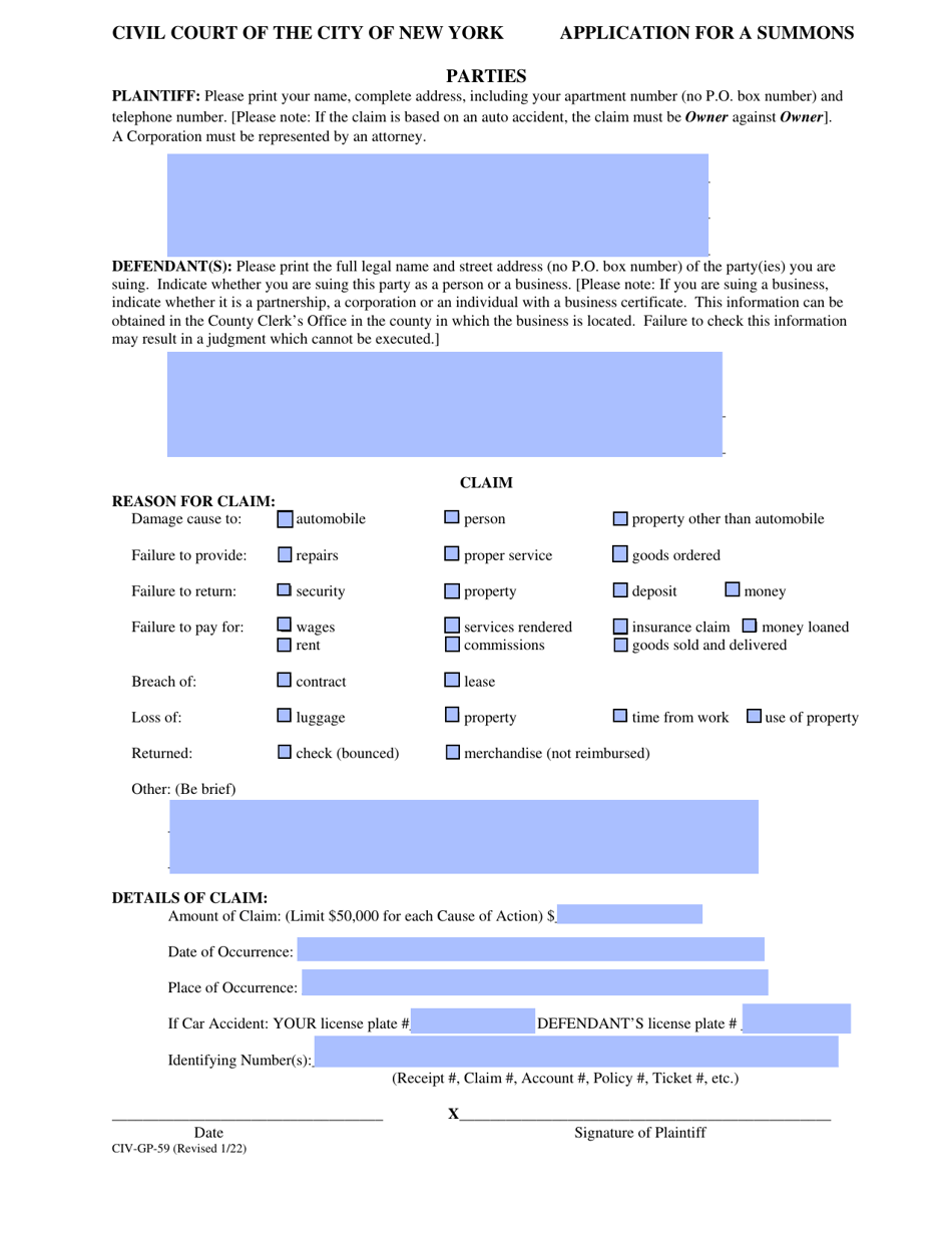 Form CIV-GP-59 Application for a Summons - New York City, Page 1