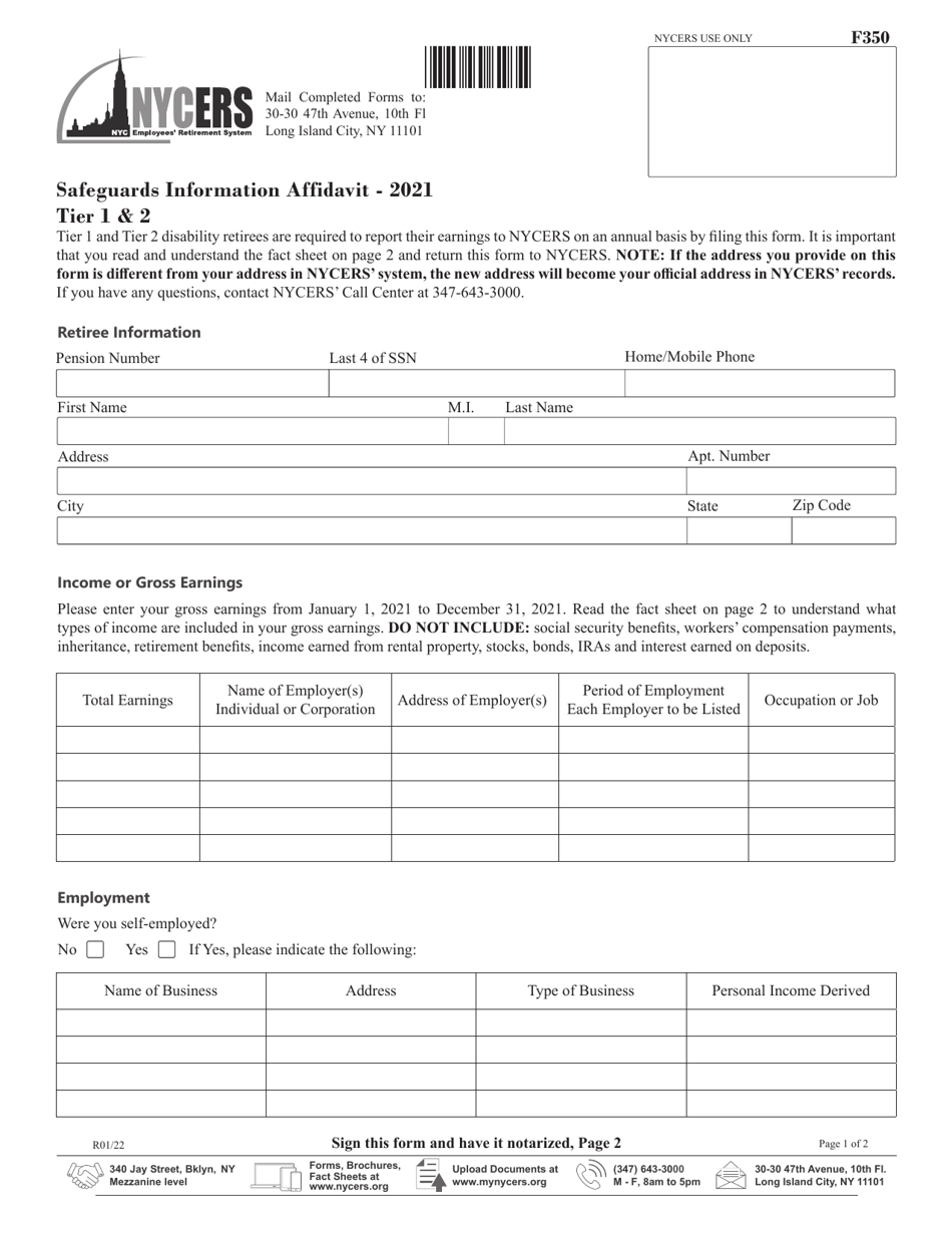 Form F350 Safeguards Information Affidavit - Tier 1  2 - New York City, Page 1