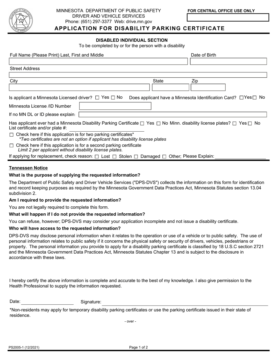 Form PS2005 Application for Disability Parking Certificate - Minnesota, Page 1