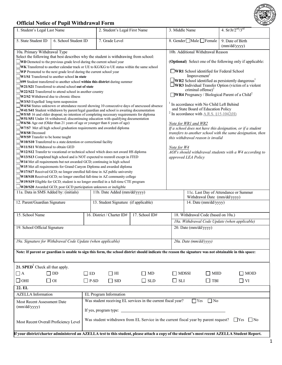 ADE Form 41-123 Official Notice of Pupil Withdrawal Form - Arizona, Page 2