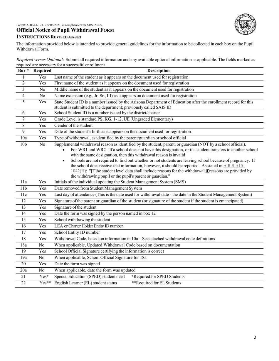 ADE Form 41-123 Official Notice of Pupil Withdrawal Form - Arizona, Page 3