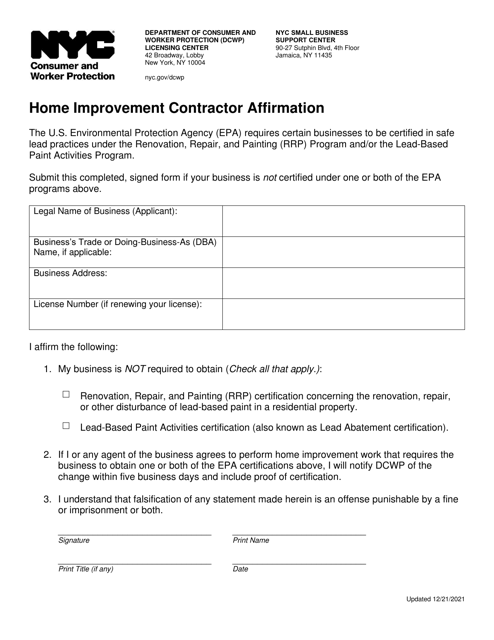 Home Improvement Contractor Affirmation - New York City Download Pdf